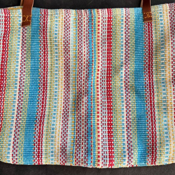 Colorful Striped Tote Bag With Faux Leather Straps & Yellow Lining - Picture 2 of 4